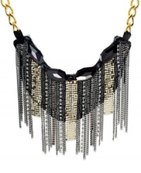 Be seen, be envied. Bar III's tri-tone mesh statement necklace triples the fashion with gold, hematite and silver chains and stone accents. Crafted in gold tone mixed metal. Approximate length: 17 inches + 2-inch extender. Approximate drop: 5-1/2 inches. Be seen, be envied. Bar III's tri-tone mesh statement necklace triples the fashion with gold, hematite and silver chains and stone accents. Crafted in gold tone mixed metal. Approximate length: 17 inches + 2-inch extender. Approximate drop: 5-1/2 inches.