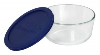 Pyrex Storage 4-Cup Round Dish with Dark Blue Plastic Cover, Clear Pyrex Storage 4-Cup Round Dish with Dark Blue Plastic Cover, Clear