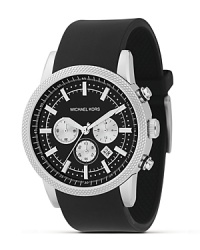 MICHAEL Michael Kors passes time with style. The black and silver chronograph watch has a black strap and features a date window and sweep second hand. MICHAEL Michael Kors passes time with style. The black and silver chronograph watch has a black strap and features a date window and sweep second hand.