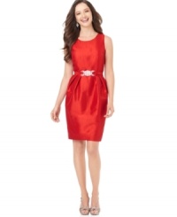 Sleek in front, sweet in the back-this Alex Evenings dress features a dazzling jeweled self-tie belt that creates a bountiful, beautiful bow at the lower back. Sleek in front, sweet in the back-this Alex Evenings dress features a dazzling jeweled self-tie belt that creates a bountiful, beautiful bow at the lower back.