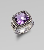 From the Moonlight Ice Collection. A beautiful amethyst stone surrounded by pavé diamonds. Amethyst Diamonds, 0.45 tcw Blackened sterling silver Size, about ½L X ½ W Imported 