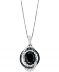 Adorn your neckline with sweet, swirling sparkle. This oval-shaped pendant highlights an onyx gemstone at center (8 mm x 10 mm) with surrounding rows of round-cut white diamonds (1/2 ct. t.w.) and black diamond accents. Set in sterling silver. Approximate length: 18 inches. Approximate drop: 1 inch. Adorn your neckline with sweet, swirling sparkle. This oval-shaped pendant highlights an onyx gemstone at center (8 mm x 10 mm) with surrounding rows of round-cut white diamonds (1/2 ct. t.w.) and black diamond accents. Set in sterling silver. Approximate length: 18 inches. Approximate drop: 1 inch.