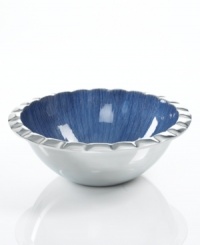 Full of surprises, this handcrafted salad bowl from the Simply Designz collection of serveware and serving dishes pairs sleek, polished aluminum with a fluted edge and lustrous blue enamel. A beautiful way to serve greens, pasta and more. Full of surprises, this handcrafted salad bowl from the Simply Designz collection of serveware and serving dishes pairs sleek, polished aluminum with a fluted edge and lustrous blue enamel. A beautiful way to serve greens, pasta and more.