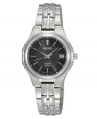 Classic precision and solar power technology give this Seiko watch endless appeal. Crafted of stainless steel bracelet and round case. Black patterned dial features silver-tone three hands, applied stick indices at markers, minute track, date window at three o'clock and logo at twelve o'clock. Solar-powered quartz movement. Water resistant to 100 meters. Three-year limited warranty. Classic precision and solar power technology give this Seiko watch endless appeal. Crafted of stainless steel bracelet and round case. Black patterned dial features silver-tone three hands, applied stick indices at markers, minute track, date window at three o'clock and logo at twelve o'clock. Solar-powered quartz movement. Water resistant to 100 meters. Three-year limited warranty.