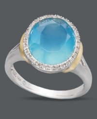 Express your style loud and clear with this bold blue ring. This statement-making style boasts a round-cut blue agate center stone (3-5/8 ct. t.w.) encircled by round-cut diamonds (1/10 ct. t.w.). Crafted in sterling silver with 14k gold accents. Size 7. Express your style loud and clear with this bold blue ring. This statement-making style boasts a round-cut blue agate center stone (3-5/8 ct. t.w.) encircled by round-cut diamonds (1/10 ct. t.w.). Crafted in sterling silver with 14k gold accents. Size 7.