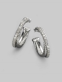 From the Silver Ice Crossover Collection. An arc of sterling silver crisscrosses one of pavé diamonds set in 14k white gold in graceful half hoops. Diamonds, 0.51 tcw Sterling silver and 14k white gold Diameter, about ¾ Post back Imported From the Silver Ice Crossover Collection. An arc of sterling silver crisscrosses one of pavé diamonds set in 14k white gold in graceful half hoops. Diamonds, 0.51 tcw Sterling silver and 14k white gold Diameter, about ¾ Post back Imported