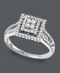 She's entitled to something exquisite. This unique diamond engagement ring features a square-shaped setting decorated with sparkling, round-cut diamonds (1/2 ct. t.w.). Crafted in sterling silver. Sizes 5-8. She's entitled to something exquisite. This unique diamond engagement ring features a square-shaped setting decorated with sparkling, round-cut diamonds (1/2 ct. t.w.). Crafted in sterling silver. Sizes 5-8.