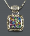 Paint a portrait of color with this vibrant Balissima by Effy Collection pendant. Set in sterling silver and 18k gold, necklace features amethyst (5/8 ct. t.w.), citrine (1 ct. t.w.), rhodonite (1-1/8 ct. t.w.), pink tourmaline (1/2 ct. t.w.), peridot (5/8 ct. t.w.) and tsavorite (5/8 ct. t.w.). Approximate length: 18 inches. Approximate drop: 1-3/4 inches.