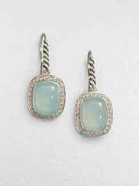 From the Noblesse Collection. A pretty aqua chalcedony cabochon center surrounded by a diamond accented border set in sleek sterling silver. Aqua chalcedonyDiamonds, .42 tcwSterling silverLength, about .39Hook backImported 