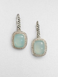 From the Noblesse Collection. A pretty aqua chalcedony cabochon center surrounded by a diamond accented border set in sleek sterling silver. Aqua chalcedonyDiamonds, .42 tcwSterling silverLength, about .39Hook backImported From the Noblesse Collection. A pretty aqua chalcedony cabochon center surrounded by a diamond accented border set in sleek sterling silver. Aqua chalcedonyDiamonds, .42 tcwSterling silverLength, about .39Hook backImported
