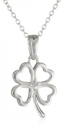 Sterling Silver Four Leaf Clover Heart Diamond Accent Pendant Necklace , 18