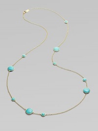 From the Lollipop Collection. Multi-sized, turquoise cabochons, elegantly placed on either side of a radiant, 18k gold chain. Turquoise 18k gold Length around neck, about 37 Diameter, about ¼ - ½ Lobster clasp ImportedPlease note: Due to the characteristics of natural stone, color and pattern may vary slightly. From the Lollipop Collection. Multi-sized, turquoise cabochons, elegantly placed on either side of a radiant, 18k gold chain. Turquoise 18k gold Length around neck, about 37 Diameter, about ¼ - ½ Lobster clasp ImportedPlease note: Due to the characteristics of natural stone, color and pattern may vary slightly.