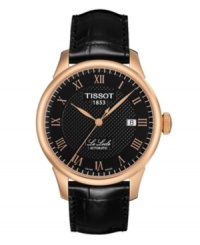 Elegance embodied in a sleek design, by Tissot. The Le Locle watch is crafted of black leather strap and round rose-gold PVD plated stainless steel case. Black dial with textured inner dial features rose-gold tone applied Roman numerals, minute track, rose-gold tone three hands, date window at three o'clock and logo at twelve o'clock. Swiss automatic movement. Water resistant to 30 meters. Two-year limited warranty. Elegance embodied in a sleek design, by Tissot. The Le Locle watch is crafted of black leather strap and round rose-gold PVD plated stainless steel case. Black dial with textured inner dial features rose-gold tone applied Roman numerals, minute track, rose-gold tone three hands, date window at three o'clock and logo at twelve o'clock. Swiss automatic movement. Water resistant to 30 meters. Two-year limited warranty.