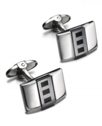 Complement his power suit. These dynamic cuff links features a unique rectangular shape accented by onyx (1-3/4 ct. t.w.) and hematite stone. Set in sterling silver. Approximate length: 7/8 inch. Approximate width: 5/8 inch. Complement his power suit. These dynamic cuff links features a unique rectangular shape accented by onyx (1-3/4 ct. t.w.) and hematite stone. Set in sterling silver. Approximate length: 7/8 inch. Approximate width: 5/8 inch.
