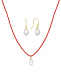 Casual chic. This pendant and earrings set from Majorica pops with organic man-made pearls (9 mm). The red cord necklace adds a touch of whimsy. Crafted in gold tone mixed metal. Approximate length: 16 to 18 inches. Approximate drop: 1/2 inch. Casual chic. This pendant and earrings set from Majorica pops with organic man-made pearls (9 mm). The red cord necklace adds a touch of whimsy. Crafted in gold tone mixed metal. Approximate length: 16 to 18 inches. Approximate drop: 1/2 inch.