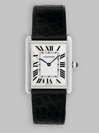 Large stainless steel Tank® design with black alligator strap. Quartz movement Case, 34mm X 27 mm, 1.33 x 1.06 Silvered opaline dial Adjustable deployant buckle 6 adjustable strap Made in Switzerland Large stainless steel Tank® design with black alligator strap. Quartz movement Case, 34mm X 27 mm, 1.33 x 1.06 Silvered opaline dial Adjustable deployant buckle 6 adjustable strap Made in Switzerland