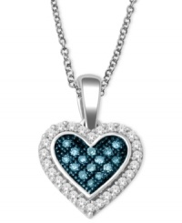 An unexpected splash of color adorns this romantic design. Crafted in sterling silver, pendant features blue diamond accents in a heart shape with single-cut white diamonds lining the edges (1/10 ct. t.w.). Approximate length: 18 inches. Approximate drop length: 5/8 inch. Approximate drop width: 3/8 inch. An unexpected splash of color adorns this romantic design. Crafted in sterling silver, pendant features blue diamond accents in a heart shape with single-cut white diamonds lining the edges (1/10 ct. t.w.). Approximate length: 18 inches. Approximate drop length: 5/8 inch. Approximate drop width: 3/8 inch.