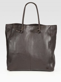 A handsome design in rich Italian leather with braided top handles.Double top handlesInterior zip pocketFully linedLeather17W x 17H x 7DMade in Italy A handsome design in rich Italian leather with braided top handles.Double top handlesInterior zip pocketFully linedLeather17W x 17H x 7DMade in Italy