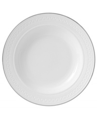 Wedgwood substitutes texture for tone in the exquisite Intaglio Platinum accent salad plates. White bone china embossed with intricate geometric patterns is undeniably modern but inspired by Georgian-era designs. Wedgwood substitutes texture for tone in the exquisite Intaglio Platinum accent salad plates. White bone china embossed with intricate geometric patterns is undeniably modern but inspired by Georgian-era designs.