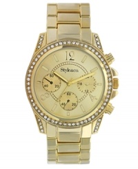 Charismatic boyfriend-inspired timepiece with a golden shine, by Style&co. Crafted of gold tone mixed metal bracelet and round case embellished with crystal accents. Gold tone dial features three subdials, applied stick indices, numerals at four, eight and twelve o'clock, three hands and logo. Quartz movement. Splash resistant. Two-year limited warranty. Charismatic boyfriend-inspired timepiece with a golden shine, by Style&co. Crafted of gold tone mixed metal bracelet and round case embellished with crystal accents. Gold tone dial features three subdials, applied stick indices, numerals at four, eight and twelve o'clock, three hands and logo. Quartz movement. Splash resistant. Two-year limited warranty.