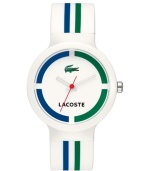 Game, set, match. A charming addition to your Lacoste tennis whites, this unisex Goa watch is crafted of white silicone strap with green and blue stripes and round white plastic case. White dial features green and blue colorblock print, iconic crocodile logo at twelve o'clock, printed text logo at six o'clock, cut-out hour and minute hands and red second hands. Quartz movement. Water resistant to 30 meters. Two-year limited warranty.