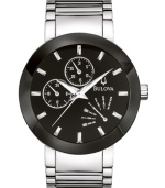 A distinct watch from Bulova, featuring bold contrast and luminous sheen. Silvertone stainless steel bracelet and round case. Round black dial with three subdials, logo and stick indices. Quartz movement. Water resistant to 30 meters. Three-year limited warranty.