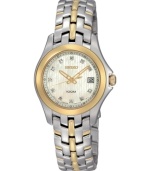 Decadent design, by Seiko. This watch features a goldtone and silvertone stainless steel bracelet and round case, 13mm. Goldtone bezel. Mother-of-pearl dial with logo, date window and diamond accents at indices. Analog quartz movement. Water resistant to 100 meters. Three-year limited warranty.