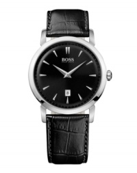 Definitive style that never goes off-trend, by Hugo Boss. Watch crafted of black croc-embossed leather strap and round stainless steel case. Black dial features applied silver tone stick indices, minute track, date window at six o'clock, silver tone hour and minute hands and logo at twelve o'clock. Quartz movement. Water resistant to 30 meters. Two-year limited warranty. Definitive style that never goes off-trend, by Hugo Boss. Watch crafted of black croc-embossed leather strap and round stainless steel case. Black dial features applied silver tone stick indices, minute track, date window at six o'clock, silver tone hour and minute hands and logo at twelve o'clock. Quartz movement. Water resistant to 30 meters. Two-year limited warranty.