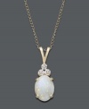 An iridescent sheen adds elegance to any look. Necklace features an oval-cut opal (9/10 ct. t.w.) accented by three, round-cut, diamond accents. Setting and chain crafted in 14k gold. Approximate length: 18 inches. Approximate drop: 3/4 inch.