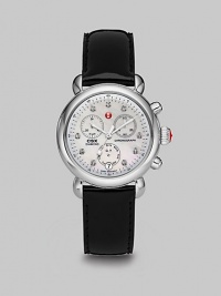 From the CSX Collection. A classic stainless steel timepiece with diamond markers and a technical, chronograph dial. Swiss quartz movementWater resistant to 5 ATMRound stainless steel case, 36mm (1.4)Smooth bezelMother-of-pearl chronograph dialDiamond markers, .04 tcwDate display at 6 o'clockSecond hand Black patent leather strap, 18mm wide (0.7)Imported From the CSX Collection. A classic stainless steel timepiece with diamond markers and a technical, chronograph dial. Swiss quartz movementWater resistant to 5 ATMRound stainless steel case, 36mm (1.4)Smooth bezelMother-of-pearl chronograph dialDiamond markers, .04 tcwDate display at 6 o'clockSecond hand Black patent leather strap, 18mm wide (0.7)Imported