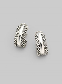 From the Caviar Basic Collection. J-shaped hoops of sterling silver in a granular design that recalls the delicacy for which it's named, with a smooth band down the center. Sterling silver Length, about ¾ Width, about ½ 14k gold post Post-and-hinge back Imported