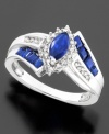 Stunning marquise and baguette-cut sapphires (1-1/5 ct. t.w.) are prominently displayed amongst glistening diamond accents on this beautiful sterling silver ring.