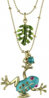 Betsey Johnson Teal and Gold Frog Pendant Necklace Two-Row Necklace Betsey Johnson Teal and Gold Frog Pendant Necklace Two-Row Necklace