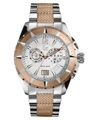 An expressive and dynamic timepiece from Gc Swiss Made Timepieces. Watch features a polished stainless steel bracelet with textured rose-goldtone center links and polished stainless steel case. Unidirectional turning bezel. Dial features logo, numeral at 12 o'clock paired with stick indices, two subdials, date window at 6 o'clock and SuperLuminova coated hands. Swiss made. Swiss quartz movement. Water resistant to 100 meters. Ten-year limited warranty. Luxury Gc gift box packaging included. An expressive and dynamic timepiece from Gc Swiss Made Timepieces. Watch features a polished stainless steel bracelet with textured rose-goldtone center links and polished stainless steel case. Unidirectional turning bezel. Dial features logo, numeral at 12 o'clock paired with stick indices, two subdials, date window at 6 o'clock and SuperLuminova coated hands. Swiss made. Swiss quartz movement. Water resistant to 100 meters. Ten-year limited warranty. Luxury Gc gift box packaging included.