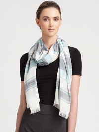 Essential colorblocked design in a sail stripe pattern with eyelash edges.51% polyester/49% viscoseAbout 23½ X 74¾Dry cleanmade in Italy Essential colorblocked design in a sail stripe pattern with eyelash edges.51% polyester/49% viscoseAbout 23½ X 74¾Dry cleanmade in Italy