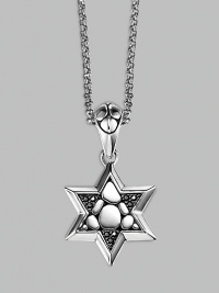 A stunningly appointed Star of David pendant, accented by black sapphires on a silver chain necklace. From the Kali Collection Silver Black sapphires, 0.216 tcw Pendant, ¾W X 1½H Necklace, 36 long Lobster clasp Imported A stunningly appointed Star of David pendant, accented by black sapphires on a silver chain necklace. From the Kali Collection Silver Black sapphires, 0.216 tcw Pendant, ¾W X 1½H Necklace, 36 long Lobster clasp Imported