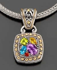 Find strength in numbers. A multitude of colorful gemstones sit pretty in a cushion-shaped pendant crafted in 18k gold and sterling silver from Balissima by Effy Collection. Featuring amethyst (3/4 ct. t.w.), blue topaz (1/3 ct. t.w.), citrine (1/5 ct. t.w.), peridot (1/3 ct. t.w.) and garnet accents. Approximate length: 16 inches. Approximate drop: 1-1/4 inches. Find strength in numbers. A multitude of colorful gemstones sit pretty in a cushion-shaped pendant crafted in 18k gold and sterling silver from Balissima by Effy Collection. Featuring amethyst (3/4 ct. t.w.), blue topaz (1/3 ct. t.w.), citrine (1/5 ct. t.w.), peridot (1/3 ct. t.w.) and garnet accents. Approximate length: 16 inches. Approximate drop: 1-1/4 inches.
