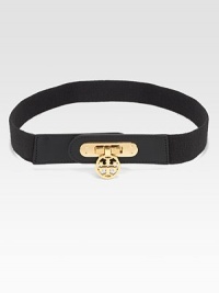 A stretchy style with leather trim and a logo accented hardware. Width, about 1Made in USA A stretchy style with leather trim and a logo accented hardware. Width, about 1Made in USA