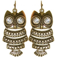 1.75 Articulated Owl Earrings with Big Rhinestone Eyes In Antique Brass 1.75 Articulated Owl Earrings with Big Rhinestone Eyes In Antique Brass