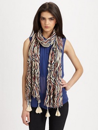 This wavy printed style features a crinkle texture and decorative, baby tassels. 70% wool/30% silkAbout 28 X 80Dry cleanImported This wavy printed style features a crinkle texture and decorative, baby tassels. 70% wool/30% silkAbout 28 X 80Dry cleanImported
