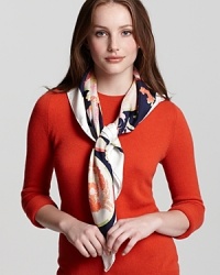 A ladylike sun and floral print scarf with a springtime feel. By Salvatore Ferragamo. A ladylike sun and floral print scarf with a springtime feel. By Salvatore Ferragamo.