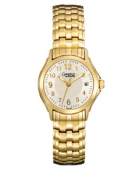 A classic choice for timelessness. Watch by Caravelle by Bulova crafted of gold tone stainless steel bracelet and round case. Silver tone dial features applied gold tone numerals, black minute track, date window at three o'clock, luminous hands and logo. Quartz movement. Water resistant to 30 meters. Two-year limited warranty. A classic choice for timelessness. Watch by Caravelle by Bulova crafted of gold tone stainless steel bracelet and round case. Silver tone dial features applied gold tone numerals, black minute track, date window at three o'clock, luminous hands and logo. Quartz movement. Water resistant to 30 meters. Two-year limited warranty.
