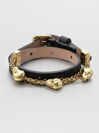 This double wrap style features a chic contrast between supple leather and signature goldtone skulls on a link chain. LeatherGoldtone brassLength, about 16Buckle closureMade in Italy This double wrap style features a chic contrast between supple leather and signature goldtone skulls on a link chain. LeatherGoldtone brassLength, about 16Buckle closureMade in Italy