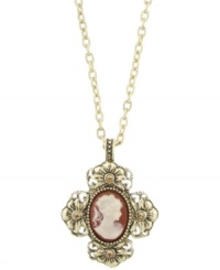 Perfectly paired. An elegant cameo and cross combination stands out on this distinctive vintage-style pendant necklace from 2028. Crafted in brass tone mixed metal. Approximate length: 16 inches + 3-inch extender. Approximate drop: 1-1/2 inches. Perfectly paired. An elegant cameo and cross combination stands out on this distinctive vintage-style pendant necklace from 2028. Crafted in brass tone mixed metal. Approximate length: 16 inches + 3-inch extender. Approximate drop: 1-1/2 inches.