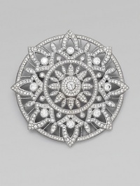 A circular design with a multi-leaf motif embellished in beautiful stones. Rhodium plated brassCrystalsCubic zirconiaSize, about 2½Pin backImported A circular design with a multi-leaf motif embellished in beautiful stones. Rhodium plated brassCrystalsCubic zirconiaSize, about 2½Pin backImported