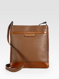 An elongated, flat design in refined pebbled leather. Top zip closureAdjustable shoulder strapInterior zip pocketCalf leather Fully lined 11¾W x 13H x 1D Made in Italy An elongated, flat design in refined pebbled leather. Top zip closureAdjustable shoulder strapInterior zip pocketCalf leather Fully lined 11¾W x 13H x 1D Made in Italy