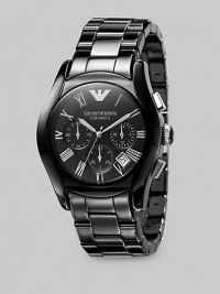 A sophisticated classic is updated in lightweight ceramic with three-eye chronograph functionality and silver Roman numerals. Second hand Date display at 4:30 Round case, 42mm, 1.65 Lacquered ceramic bracelet, 22mm, 0.87 Water resistant to 3 ATM Quartz movement Imported A sophisticated classic is updated in lightweight ceramic with three-eye chronograph functionality and silver Roman numerals. Second hand Date display at 4:30 Round case, 42mm, 1.65 Lacquered ceramic bracelet, 22mm, 0.87 Water resistant to 3 ATM Quartz movement Imported