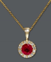 Crimson chic. Effy Collection's stunning circle pendant features a round-cut ruby (3/8 ct. t.w.) surrounded by a halo of sparkling diamond accents. Setting and chain crafted in 14k gold. Approximate length: 18 inches. Approximate drop: 1/2 inch. Crimson chic. Effy Collection's stunning circle pendant features a round-cut ruby (3/8 ct. t.w.) surrounded by a halo of sparkling diamond accents. Setting and chain crafted in 14k gold. Approximate length: 18 inches. Approximate drop: 1/2 inch.