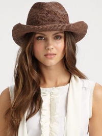 This hand-rolled design is crafted from crocheted raffia. RaffiaBrim, about 3½Spot cleanImported This hand-rolled design is crafted from crocheted raffia. RaffiaBrim, about 3½Spot cleanImported
