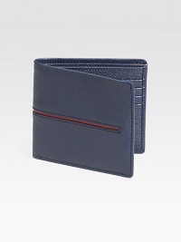 Richly textured leather design accented with contrasting strip detail.Two billfold compartmentsEight card slotsLeather4½W x 3¾HMade in Italy Richly textured leather design accented with contrasting strip detail.Two billfold compartmentsEight card slotsLeather4½W x 3¾HMade in Italy